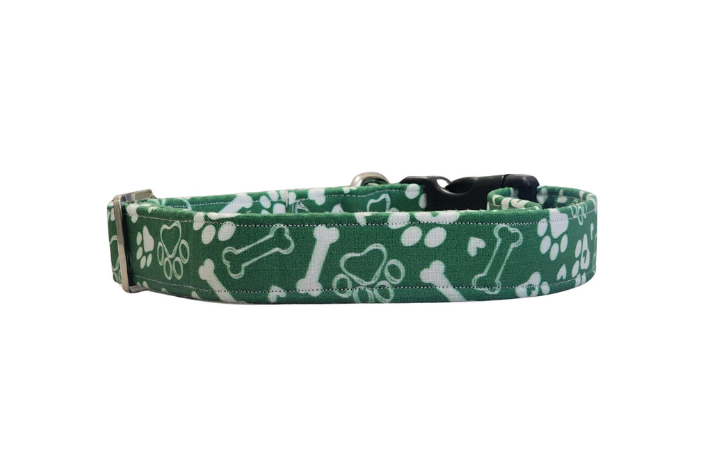 Green Dog Collar With White Paws And Bones