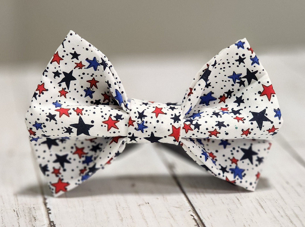 White Dog Bow Tie With Red And Blue Stars