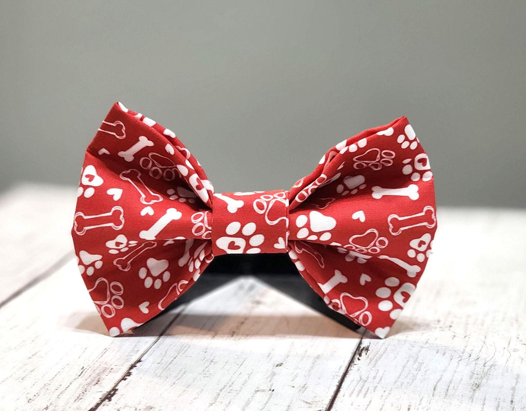 Red Dog Bow Tie With White Paws and Bones