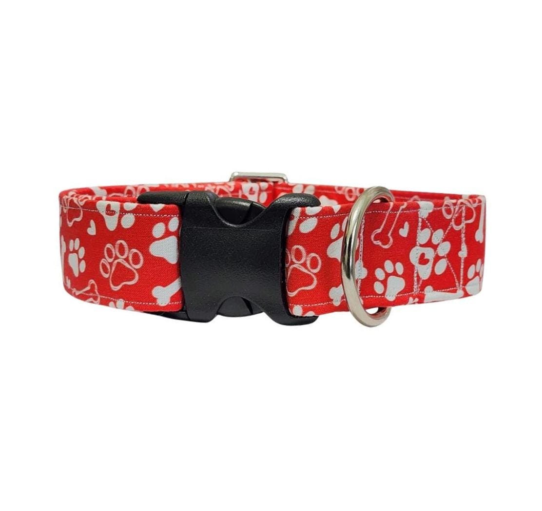 Wide Red Dog Collar With White Paw And Bones