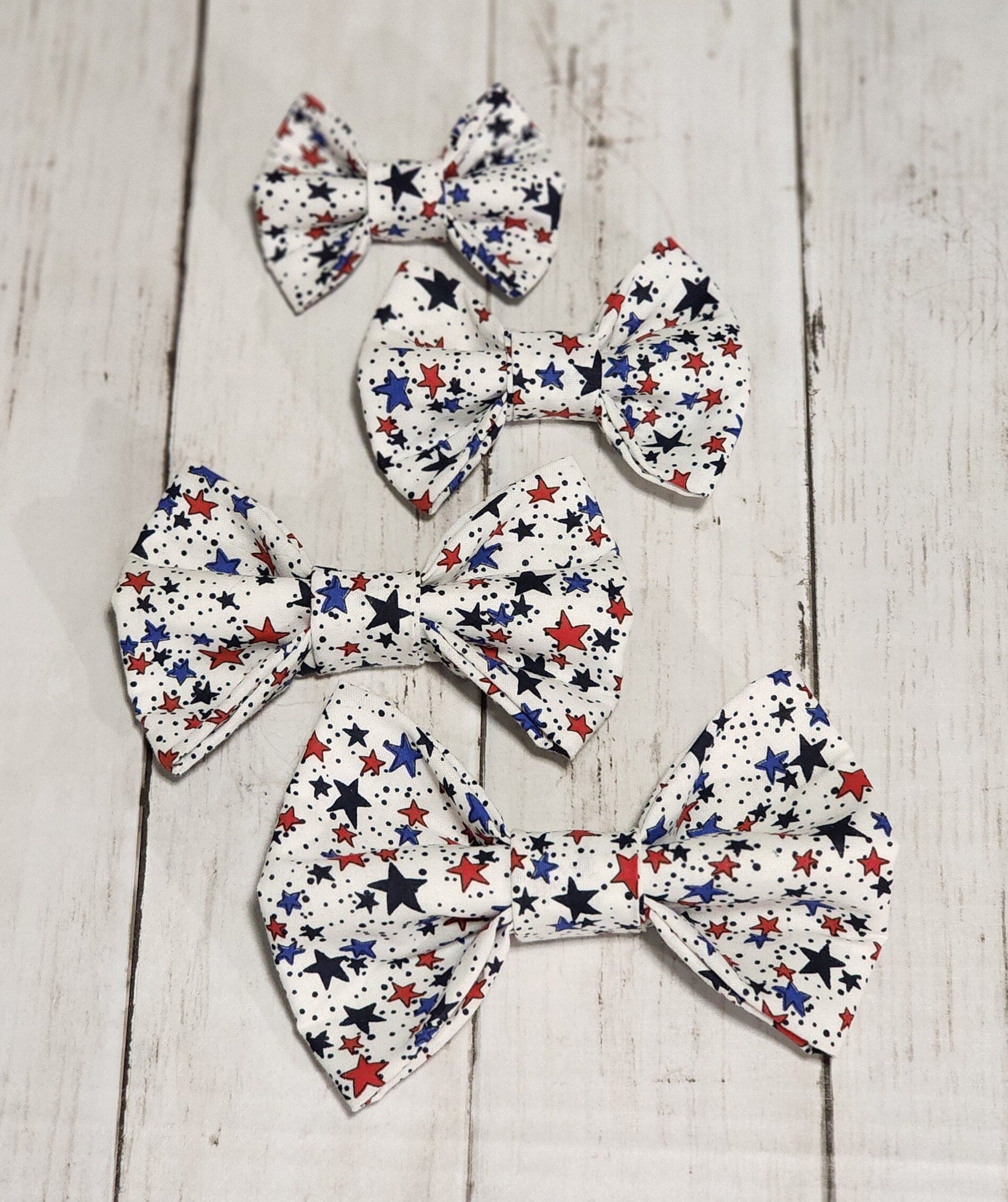 White Dog Bow Tie With Red And Blue Stars