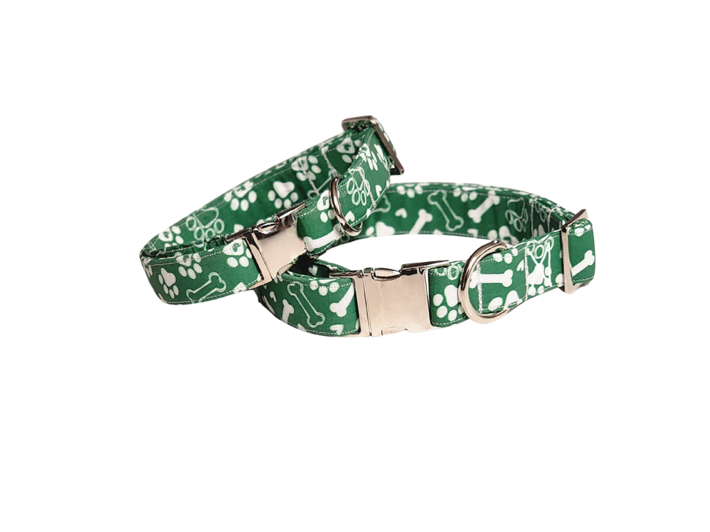 Green Dog Collar With White Paws And Bones