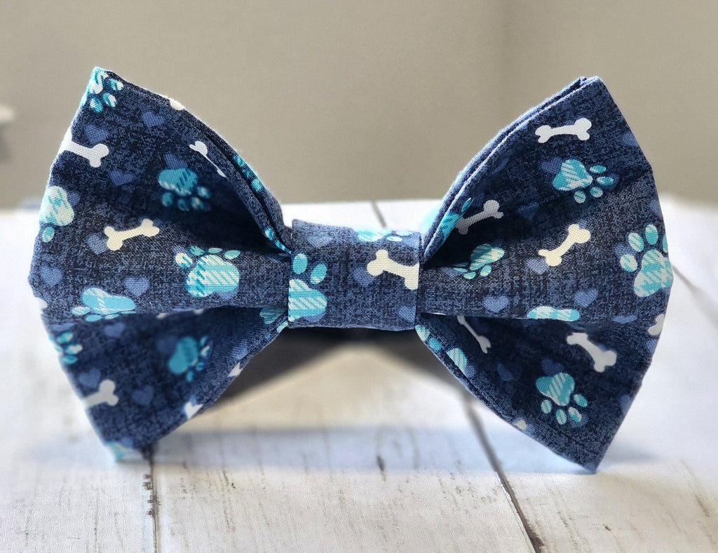 Blue Dog Bow Tie With Heart, Paws and Bones