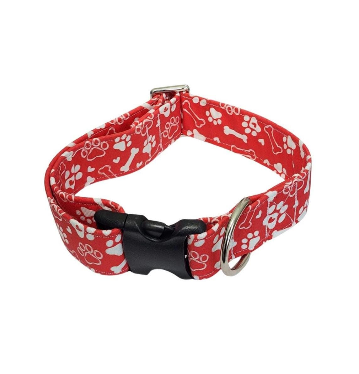 Wide Red Dog Collar With White Paw And Bones